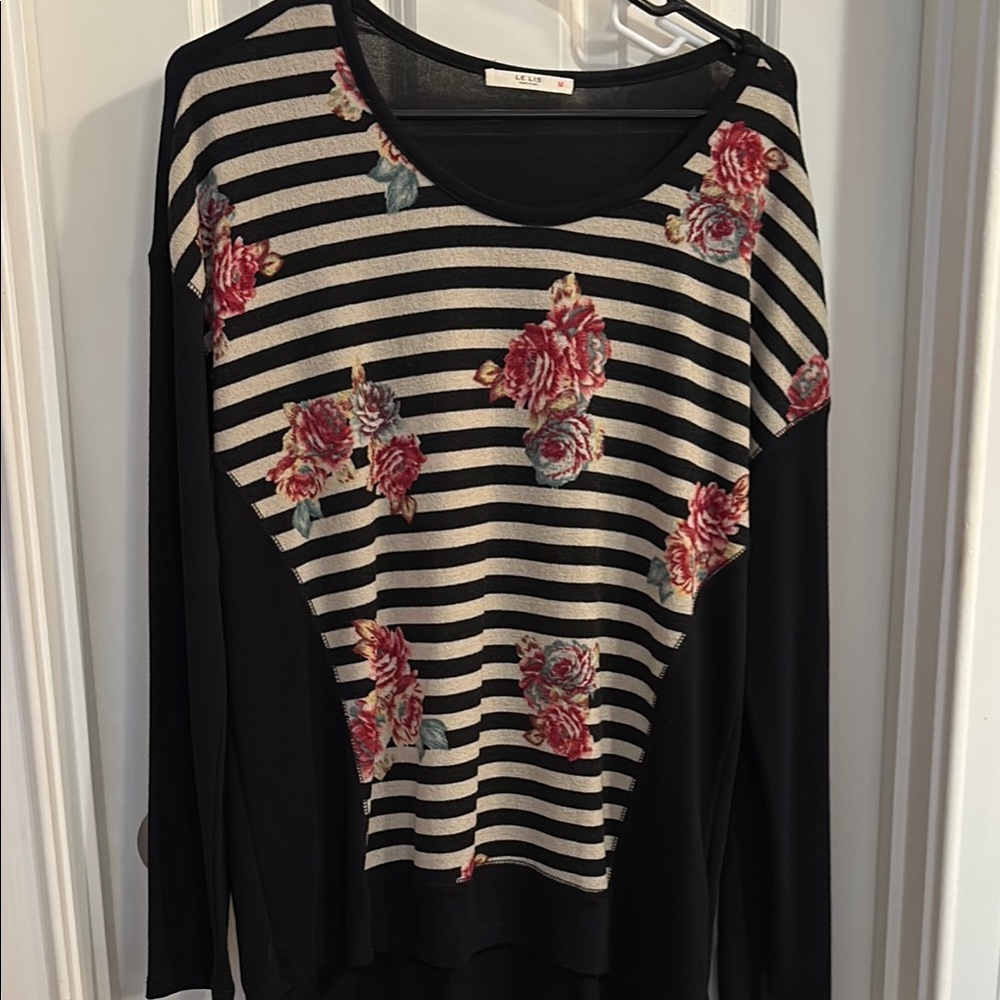 Le Lis Black and Cream Striped Sweater with Red Floral Accents
